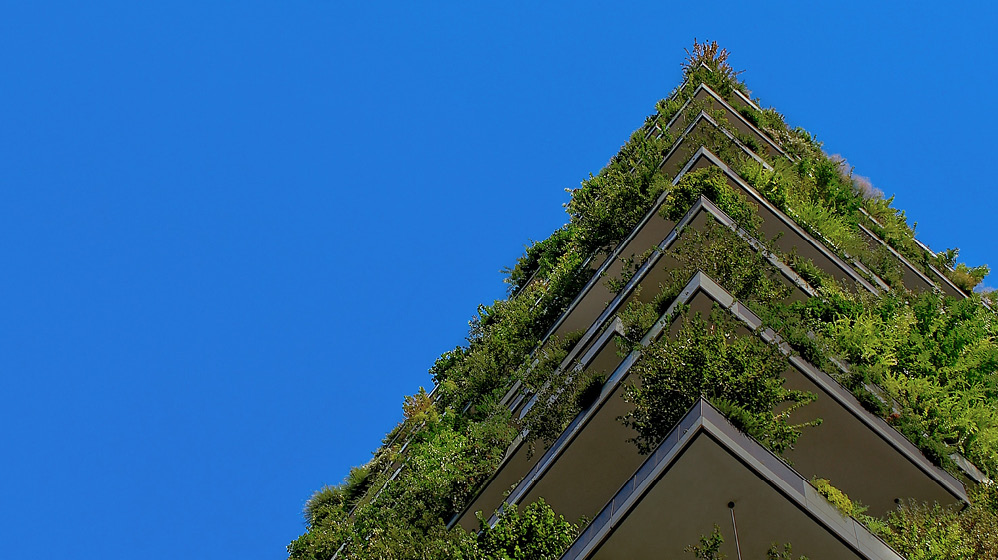 ESG - plant-covered building with blue sky