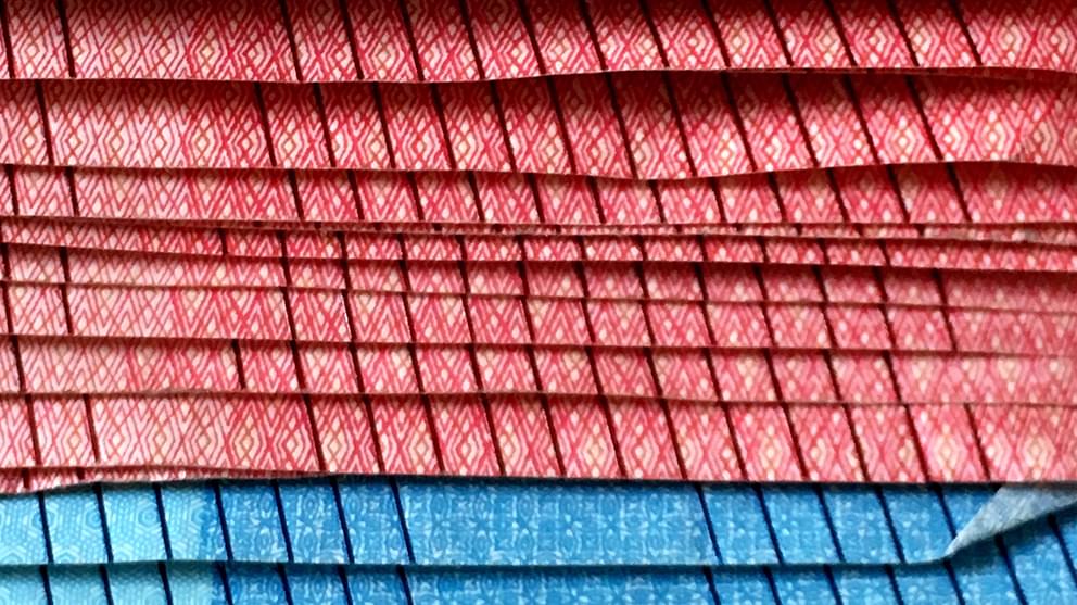 Close up of the edge of a stack of red and blue Euro bank notes