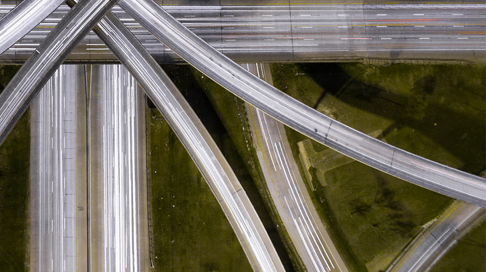 Aerial view of crisscrossing road junctions