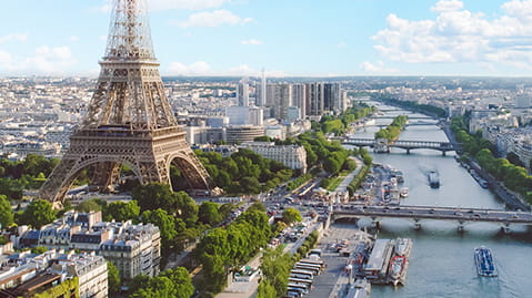 Aerial view of the Paris skyline and the Seine