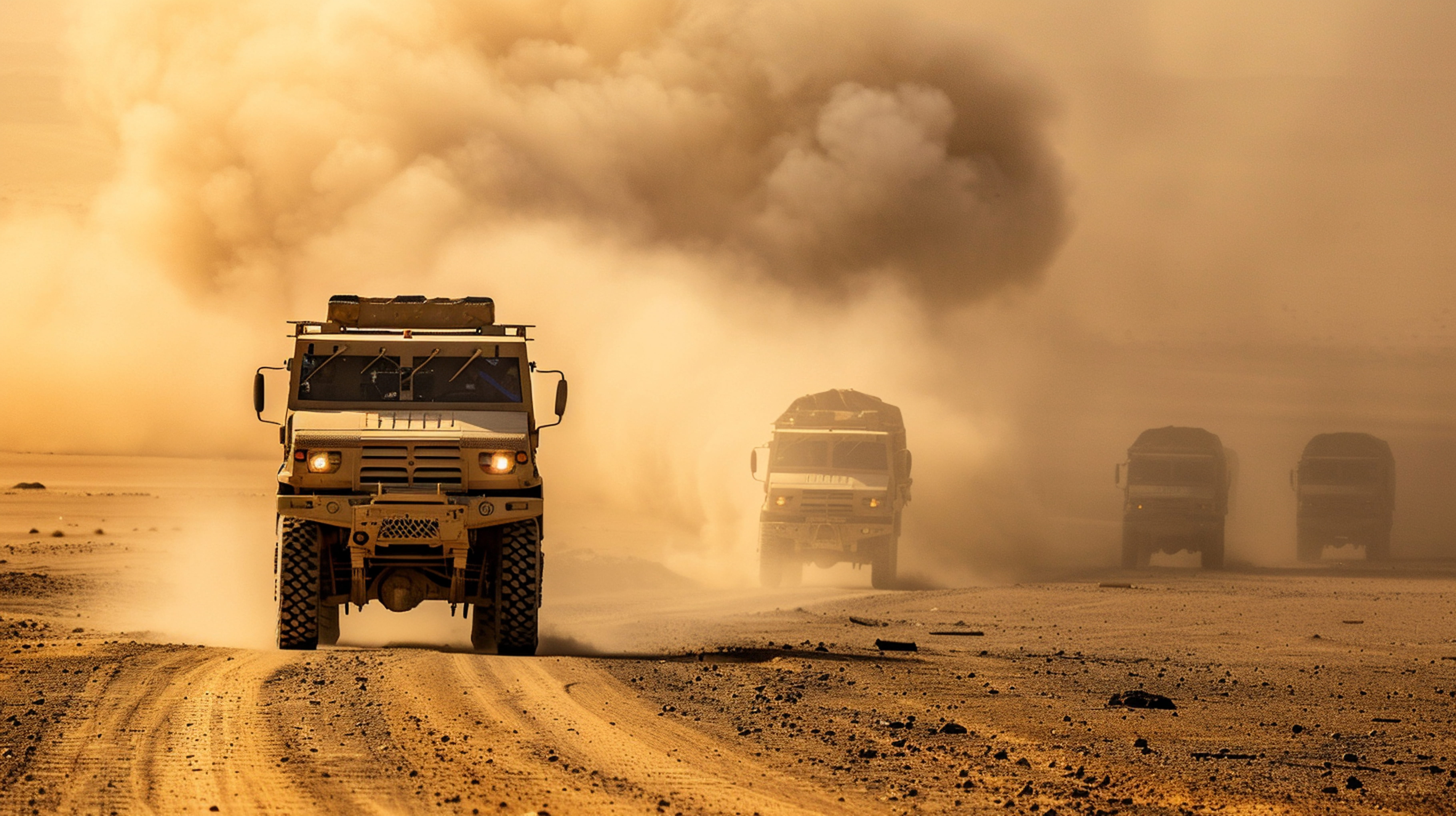 Military Convoi passin through the desert as Symbol for Defence Sector