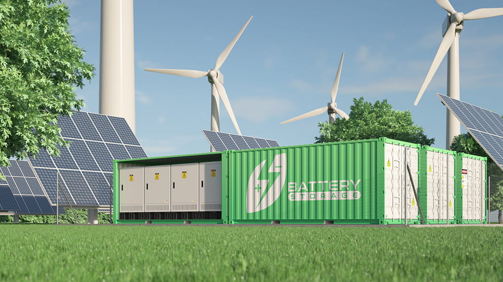 Batteriespeicher Anlage mit Windturbinen