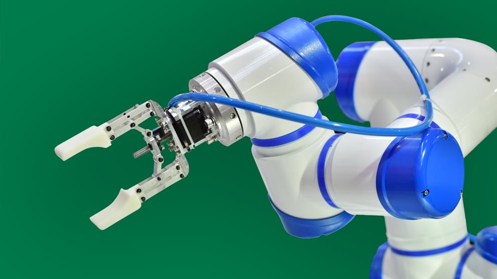 Blue Robotic Arm on dark green background