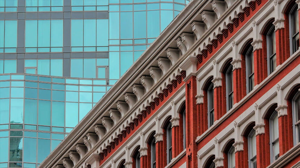 Old and new office building facades