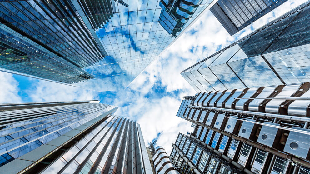 Low angle view of futuristic skyscrapers